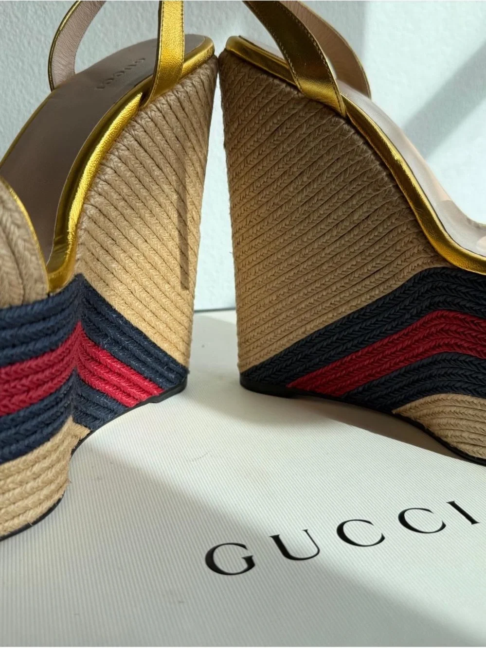 Special Edition Gold-Tone Espadrille Wedge Sandals with Navy & Red Accent